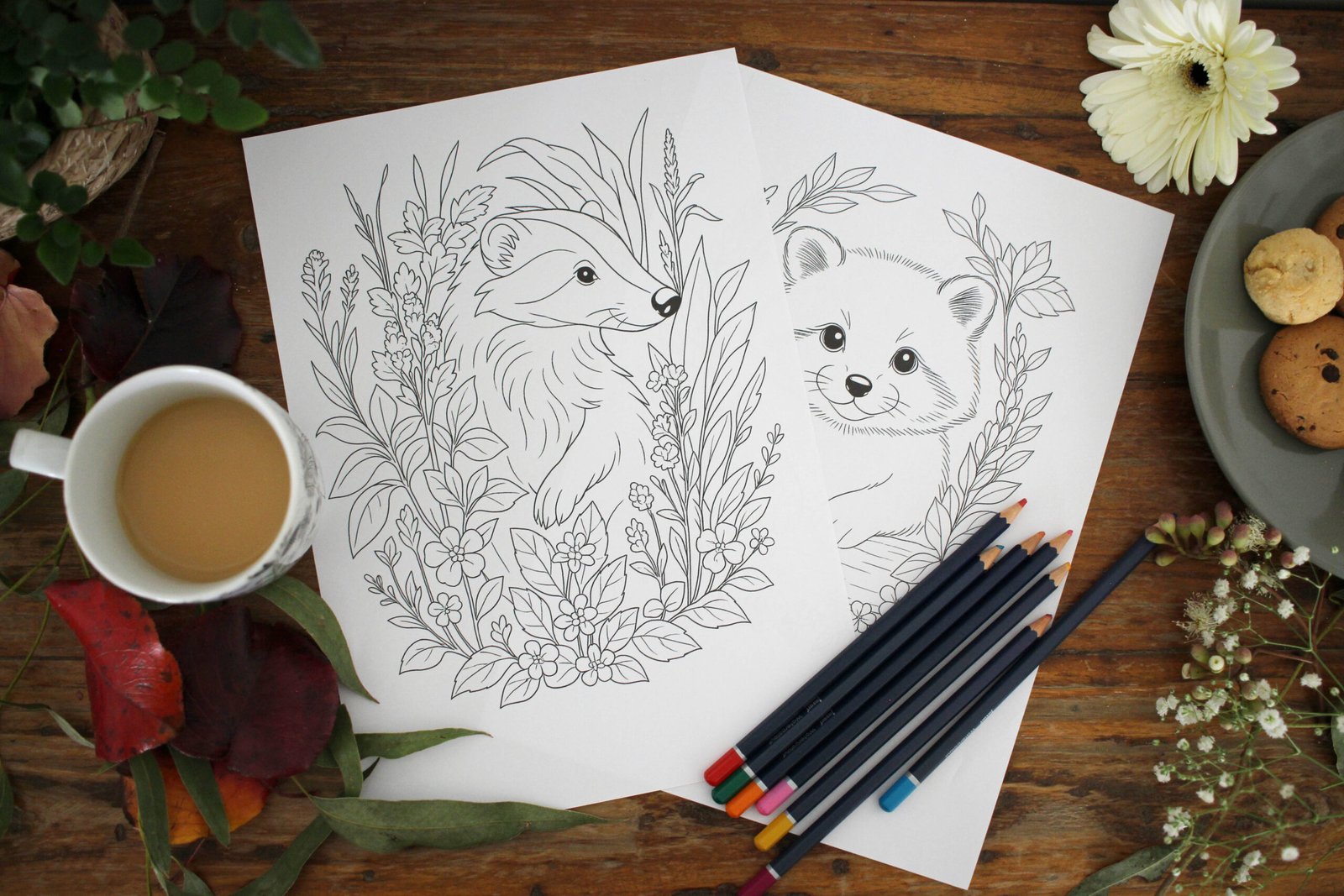 Colouring book printouts of a badger and a raccoon.