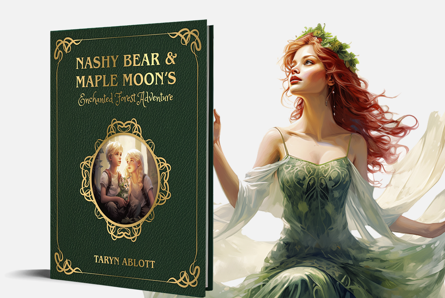A red haired fairy queen holding her palm towards the cover of the book: Nashy Bear and Maple Moon's Enchanted Forest Adventure.