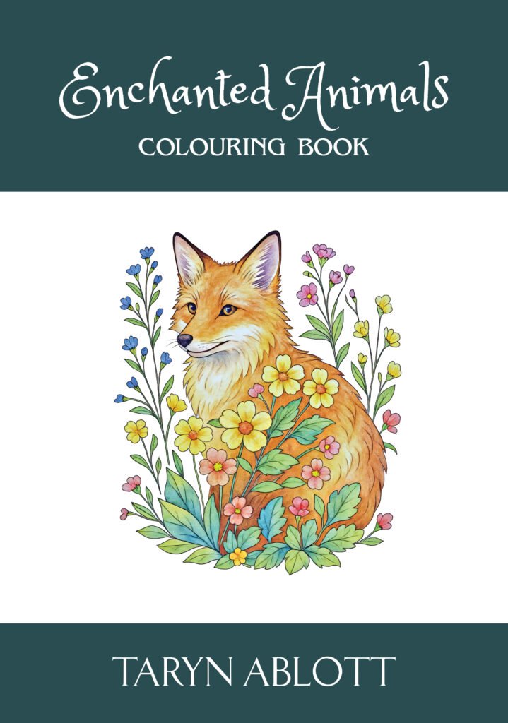 Cover of Enchanted Animals Colouring Book by Taryn Ablott. It displays a fox that has been coloured in.