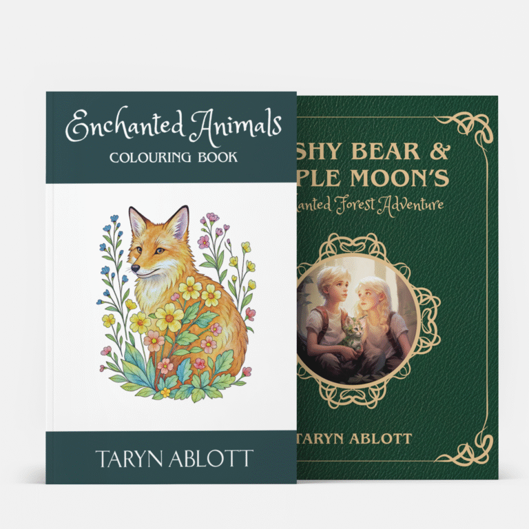 Two books side by side - Enchanted Animals Colouring Book and Nashy Bear and Maple Moon's Enchanted Forest Adventure.