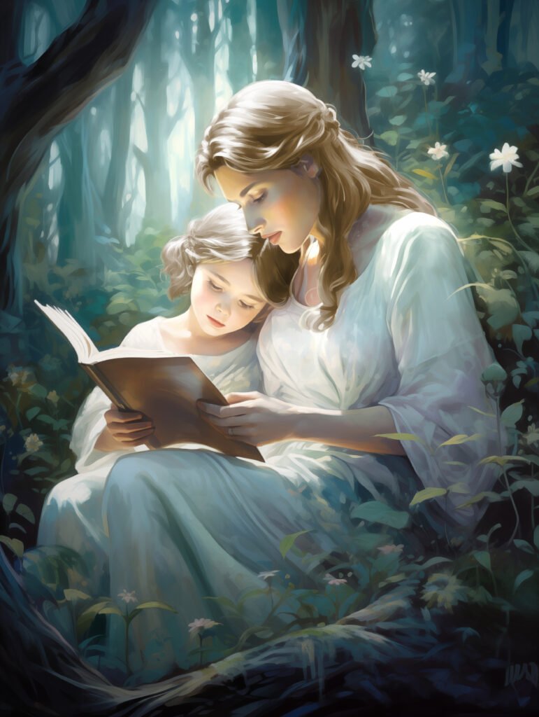 A mother and child reading together in an enchanted forest, bathed in soft light, surrounded by wildflowers and lush greenery.