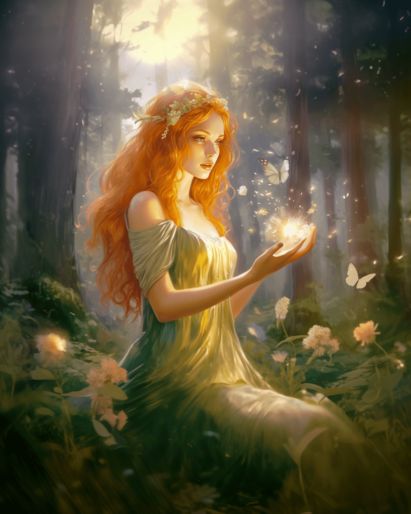 A beautiful red haired fairy in a green dress with light emanating from her hands. Butterflies are flying around her.