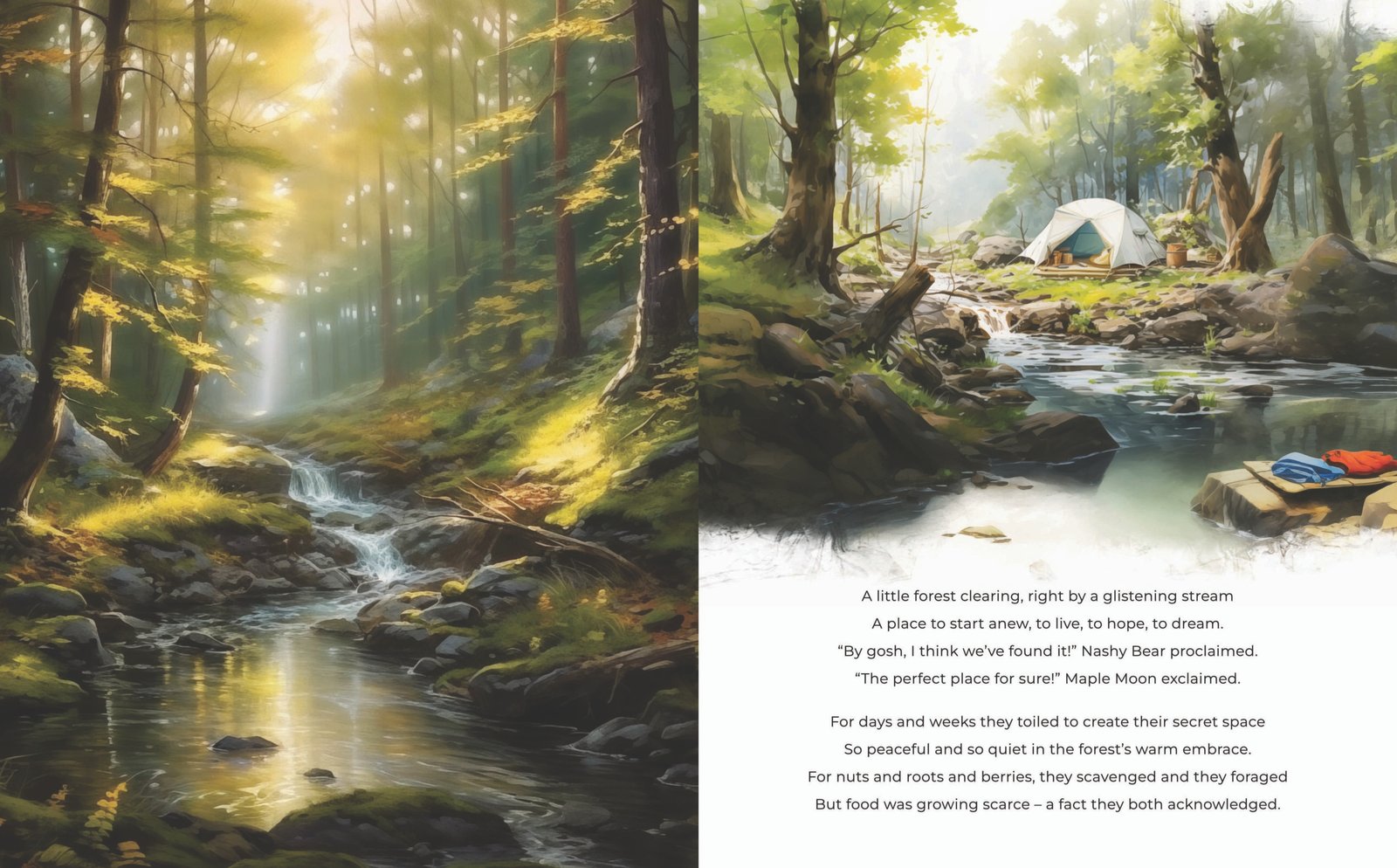 A double page-spread from Nashy Bear and Maple Moon's Enchanted Forest Adventure showing a forest glade with a campsite by a stream.