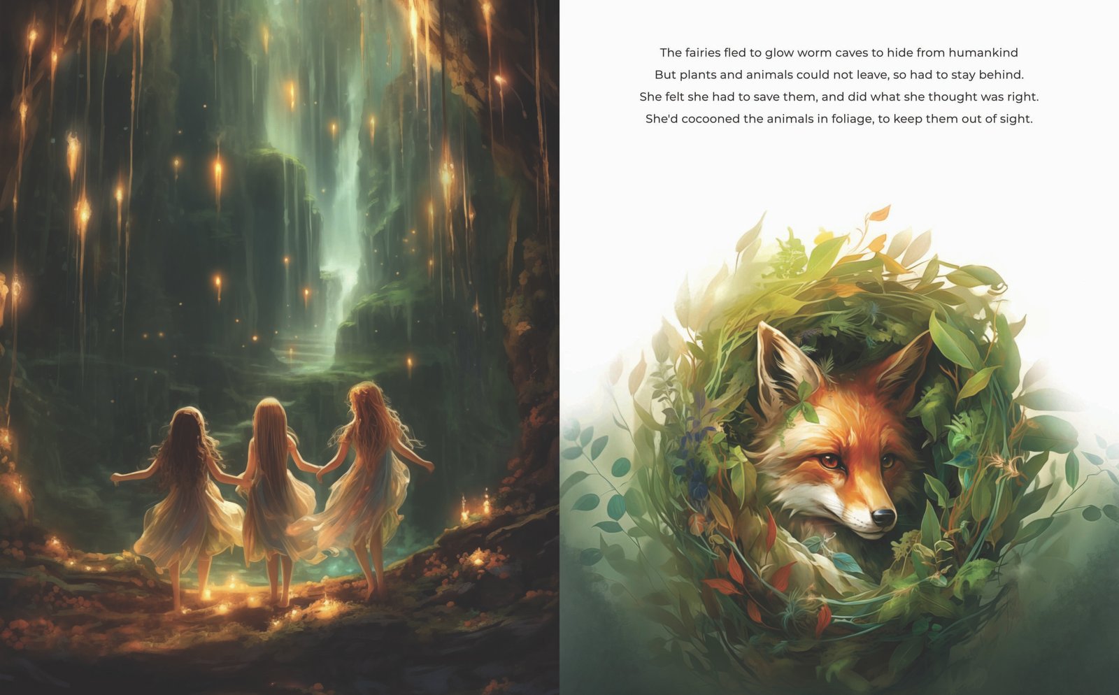 A double page-spread from Nashy Bear and Maple Moon's Enchanted Forest Adventure showing fairies in a glow worm cave and a fox tangled in vines.