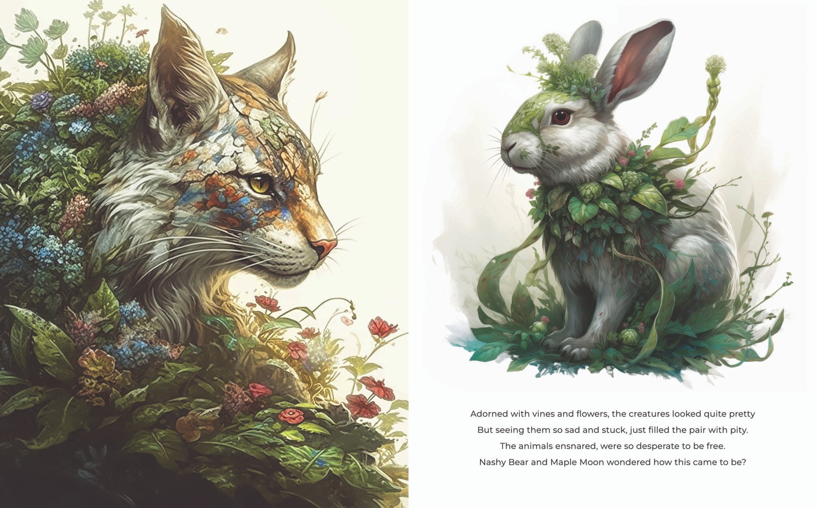 Double-page spread of Nashy Bear and Maple Moon's Enchanted Forest Adventure featuring a lynx and a bunny.