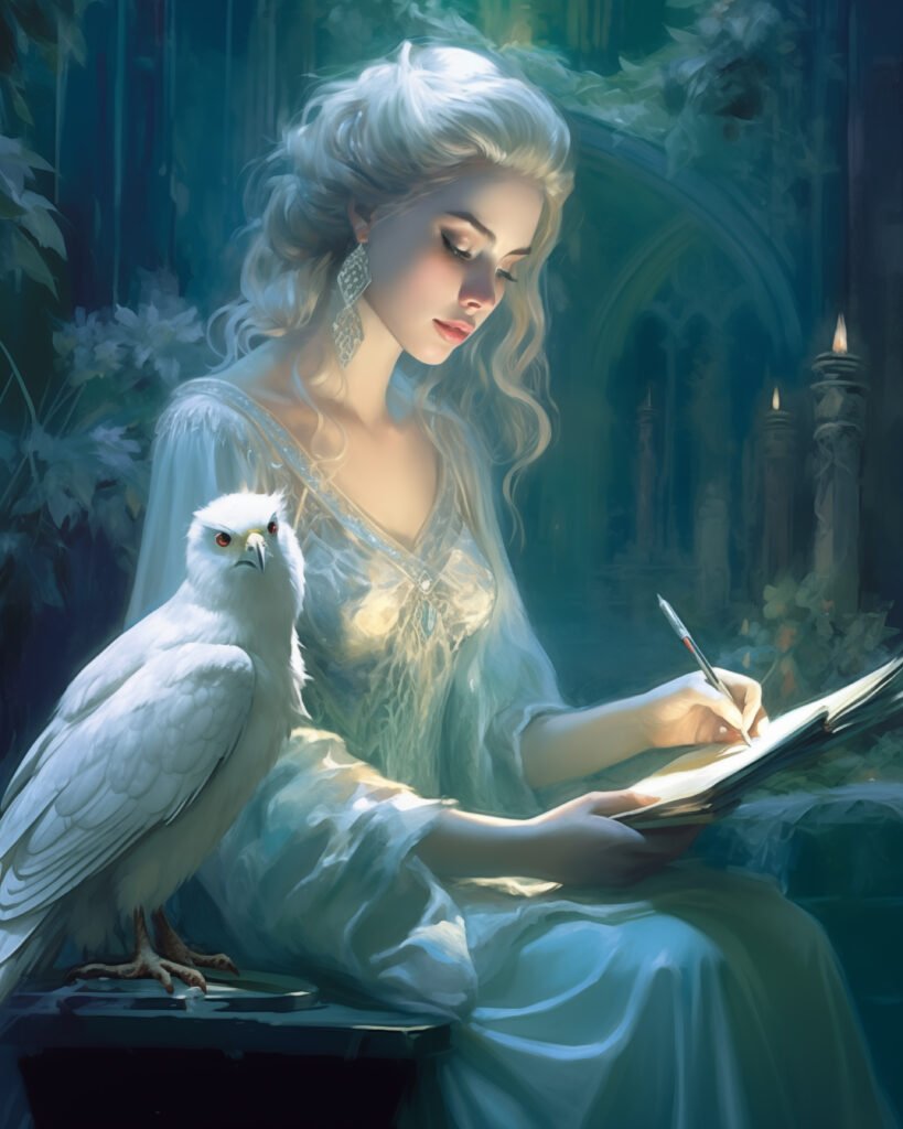 A beautiful woman in a gothic setting sits next to a white falcon. She is holding a pen and paper and writing a message.
